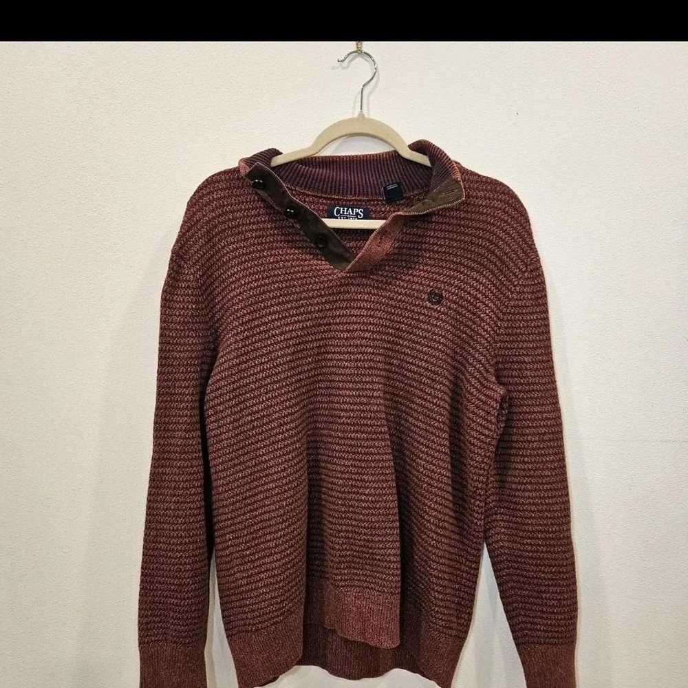 VTG Chaps Preppy 3 Button Mock Neck Sweater Burgundy W/ Elbow Patches Mens M